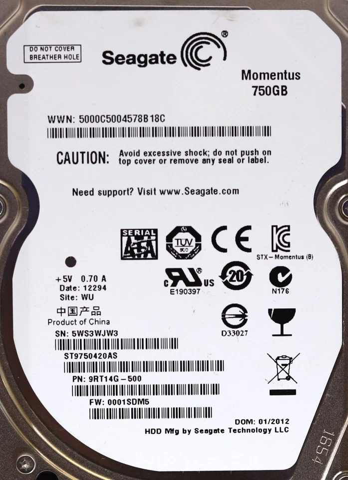 Seagate ST9750420AS 750GB 2.5" 3Gb/s 7.2K RPM SATA HDD W/Caddy P/N: 9RT14G-500 - Image 2 of 2