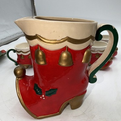 7pc RARE Napco Vintage Christmas Santa Boot Pitcher and Mug Set