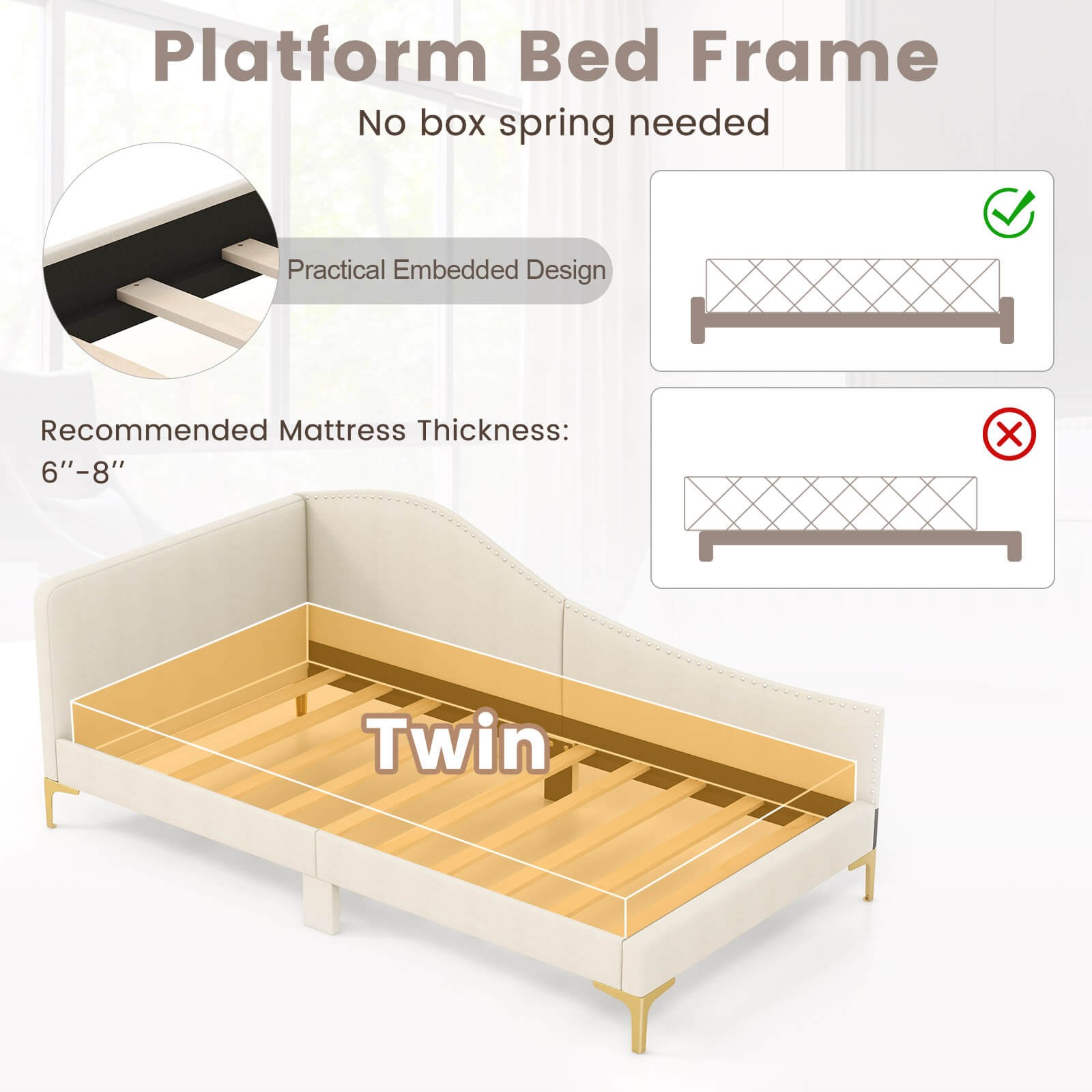 Twin Size Upholstered Daybed Rivet-Tufted Platform Bed with Metal Legs