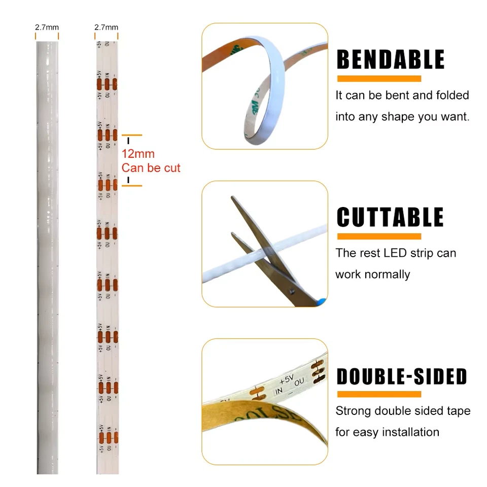 1M-5M LED Stripe RGBICLeiste Streifen Band Lichterkette 5V Traumfarbe 2,7mm Dünn - Bild 3 von 4