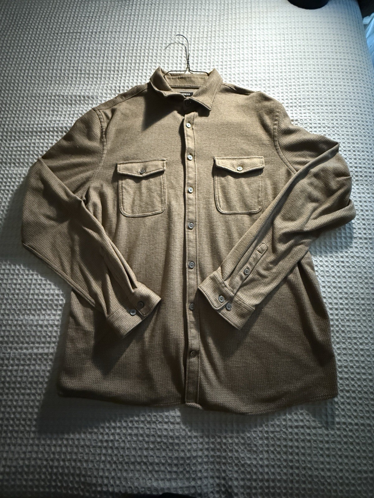 Express Men's Chevron Pattern Beige Button-Up Shi… - image 2