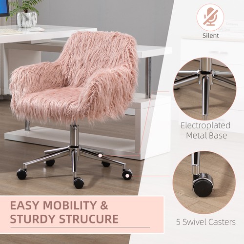 Swivel Faux Fur Office Chair, Vanity Chair w/ Adjustable Height, Wheels, Pink - Picture 6 of 11
