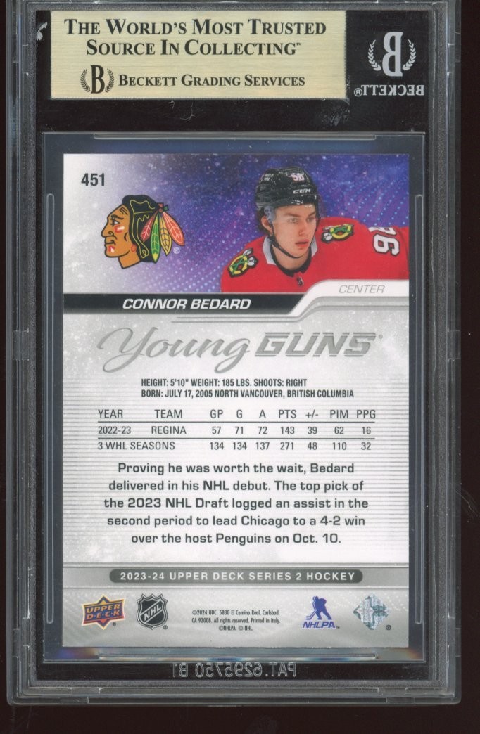 2023-24 Upper Deck Connor Bedard Young Guns #451 RC BGS 9.5 GEM MINT view 2
