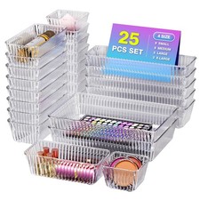 25 PCS Clear Plastic Drawer Organizer Set - 4 Sizes Makeup Organizer Desk Dra...