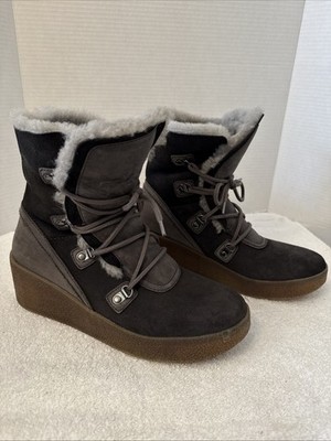 Cougar Womens Dylan Black Suede Gray Shearling WP Wedge Ankle Boots Size 10
