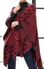 NWT Ming Wang Poncho Wrap Sweater Leopard Black Red OS
