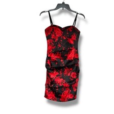 Guess Black Satin Dress Red Rose Print Removable Straps Sweetheart Neckline Sz 0