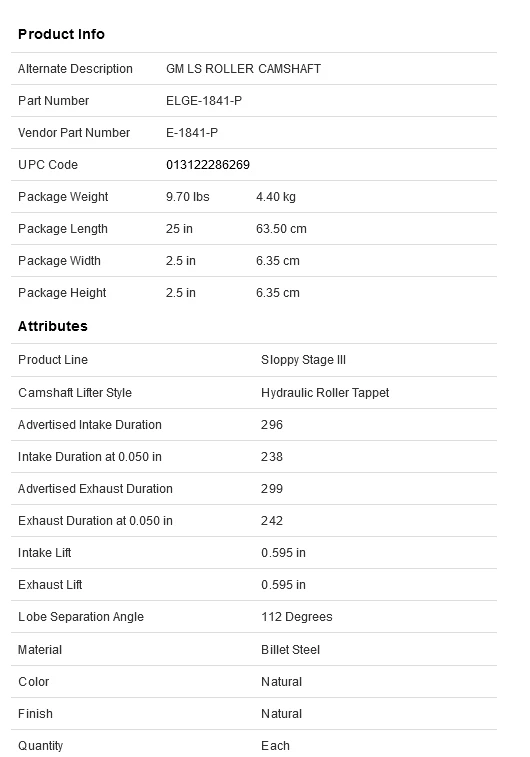 ELGIN E1841P Árbol de levas descuidado etapa-3 .595" KIT DE INSTALACIÓN Chevy LS 6.2 6.2L L92 L94 Foto 2 de 4