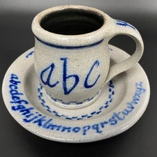 Rowe Pottery Salt Glaze Child's Cup & Bowl Set  ABC Numbers Handmade Primitive