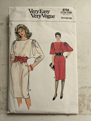 Vtg Vogue Pattern 8734 Dress Loose-fitting Pull-over Easy Misses 14 16 18 CUT