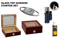 CIGARS Cherry HUMIDOR HOLDS 50 GLASS TOP GIFT SET CUTTERS Starter