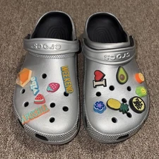 Crocs Unisex Silver Clogs in Size M8/W10 With Charms