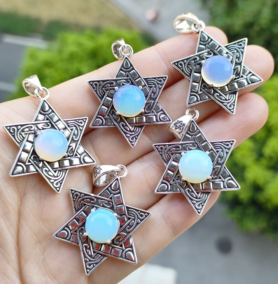 10pcs Opal Antique Silver Star Pendants Gems Magic Reiki Healing Amulet