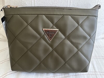 Guess Women Quilted Logo Clutch Bag Faux Leather Olive Kingsport Travel - NWT