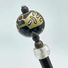Single Hair Stick Wood Painted Bead With Clear Glass Bead Alien in Space Vintage
