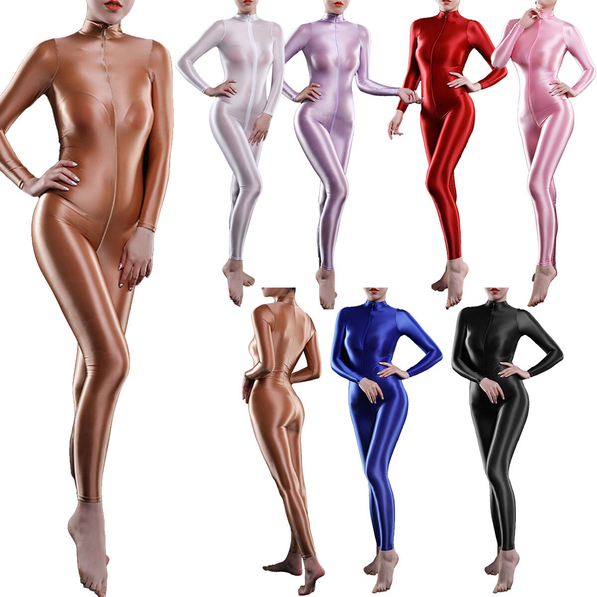 Women Bodysuit Smooth High Neck Ankle Length Jumpsuit Zipper