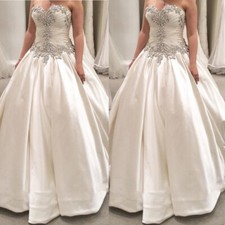 Vintage Satin Wedding Dresses Strapless Beaded Ivory White Crystal Bridal Gowns