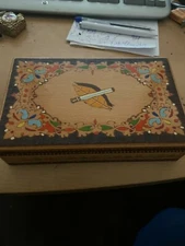 Vintage Wooden Cigarette Box Dispenser ~ Bulgaria ~ Folk Art Painted Pyrography