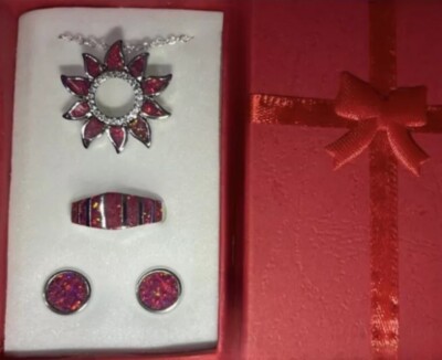 Exquisite Red Fire Opal CZ Sunflower Circle Necklace, Earrings, & Ring Sz 8 Set