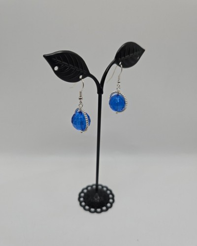Silvertone Blue Glass Dangle Earrings - Picture 3 of 4