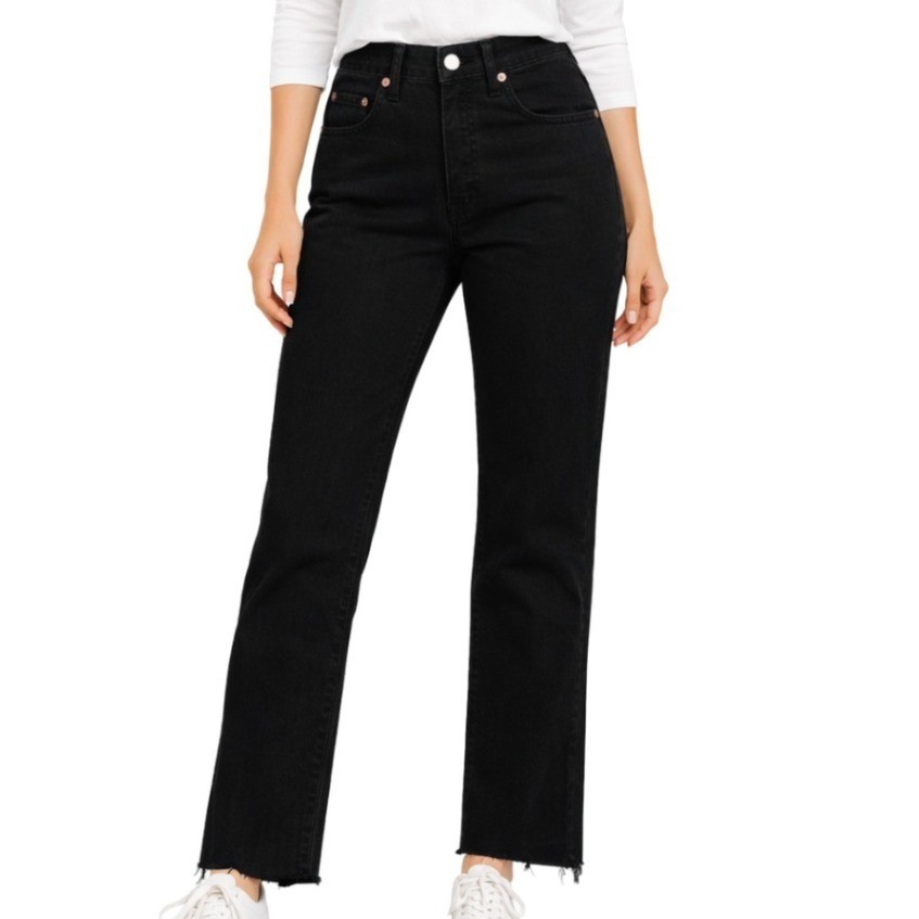 Mango NWT Havana Black Straight Cropped High Waist Button Fly Jeans Womens 2