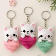 Crochet Cat Heart Keychain, Amigurumi Bag Charm, Handmade Kitty Gift