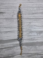 Silver Gray Crystal Beaded Bracelet Gold Coin Charm Boho Statement