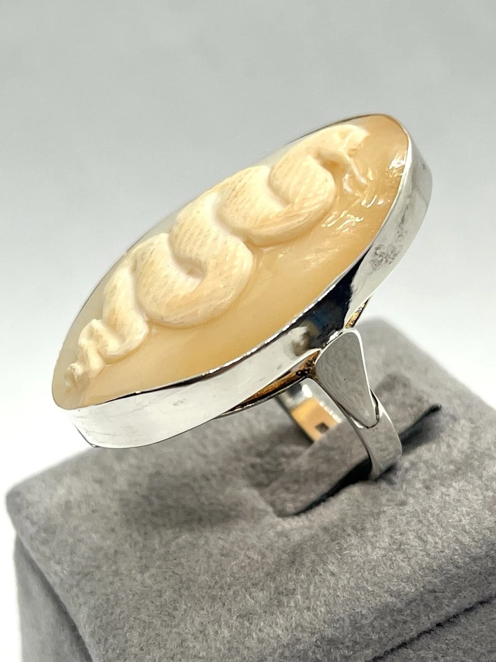Anello Serpente Su Cammeo In Conchiglia Corniola-Argento 925,fatto A Mano - Immagine 4 di 4