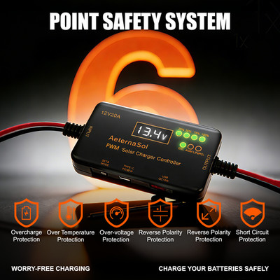 Solar Charge Controller 12V 20A Type-C USB for Solar Panel Gel, AGM LiFePO4