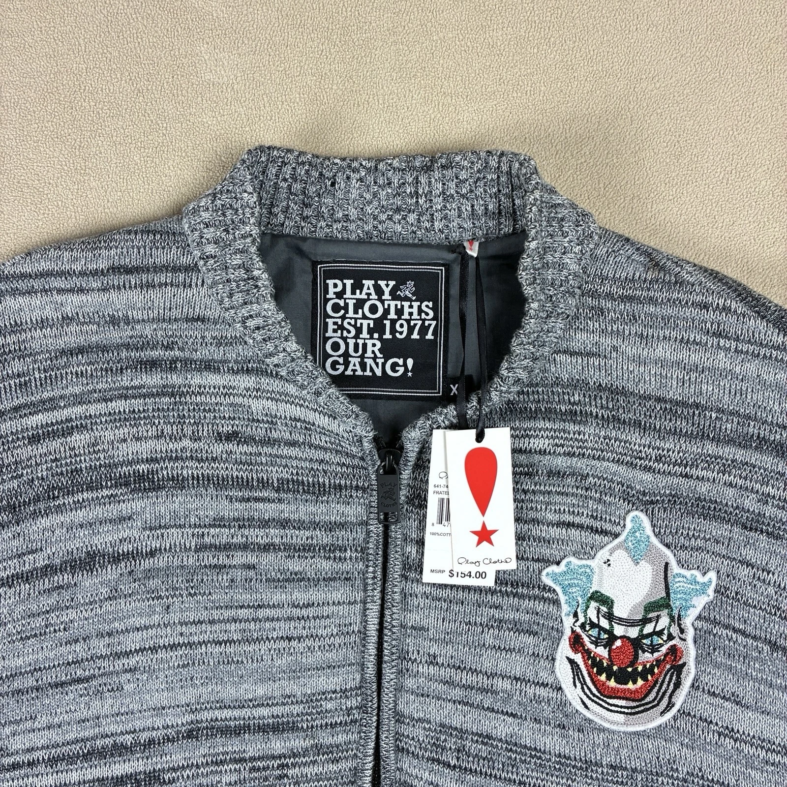 Play Cloths Fratellini Clown Knit Bomber Jacket XL Heather Charcoal 100% Cotton - product detail image 2