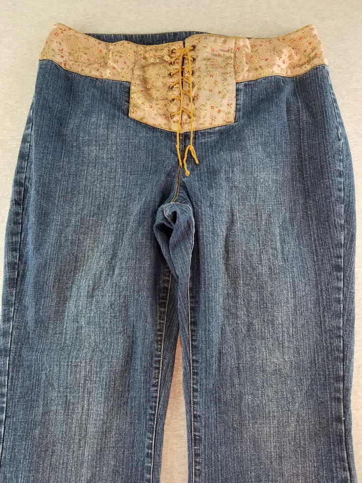 Carolina Blues Jeans Women Sz 14 Lace Up Waist Embroidered Det. MedWash Normcore - Image 2 of 4