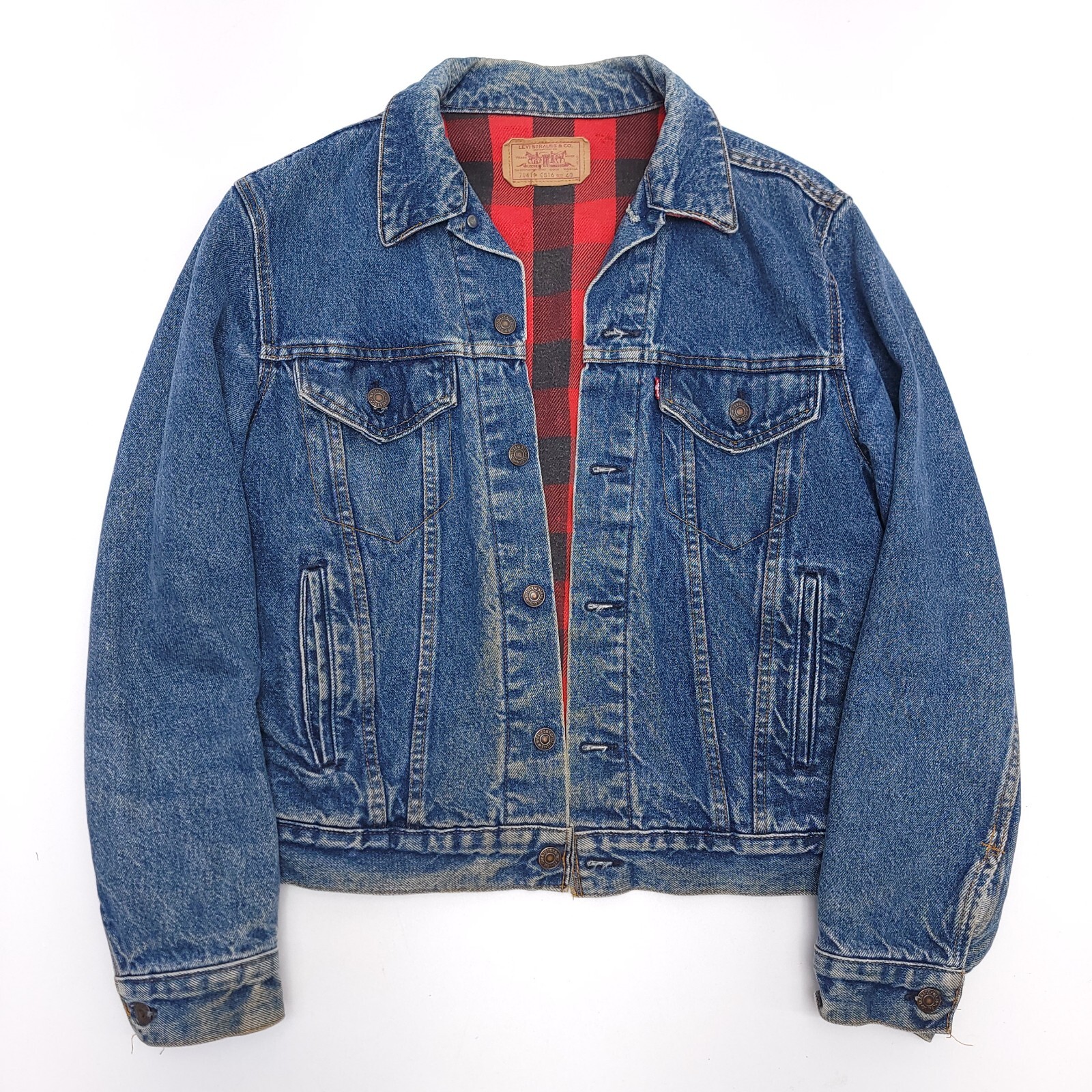 Vintage 80’s Levi’s Trucker Jean Jacket Coat Plaid Lined Made USA Size 40 Levis