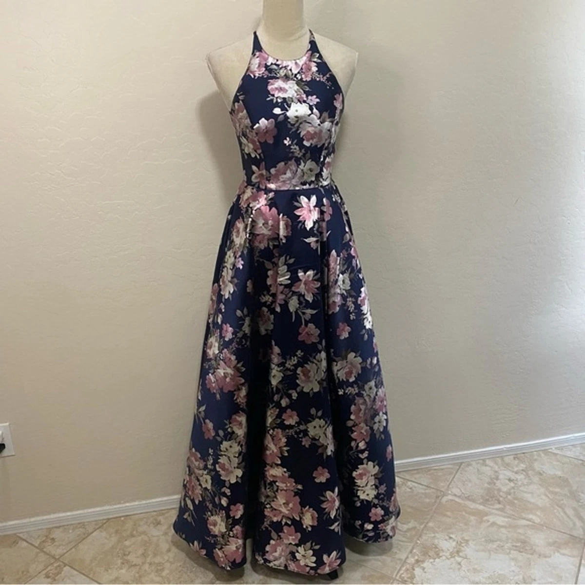 blue floral formal dress