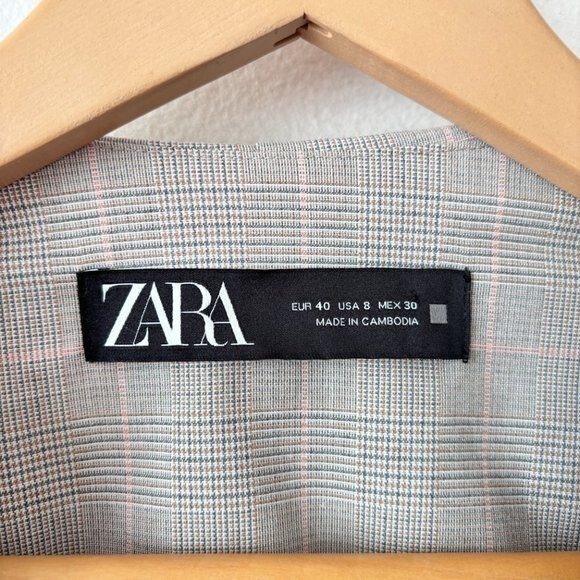 Zara Basic Check Blazer Collarless Tan Size 8 - image 9