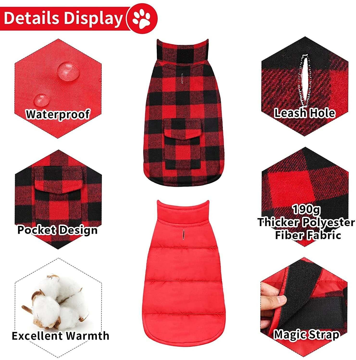 Malier Dog Winter Coat, Reversible Classic Plaid Waterproof Dog Winter