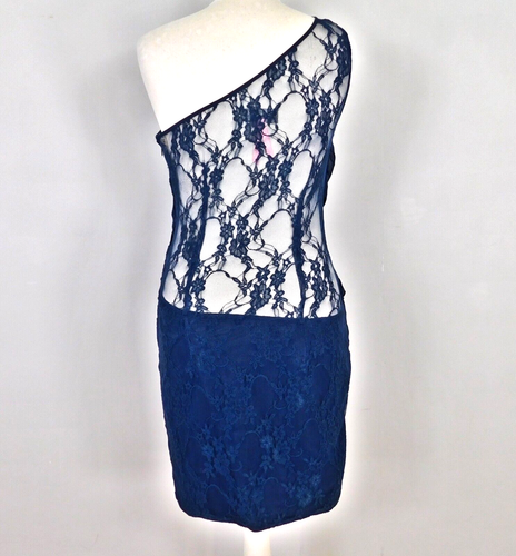 Lipsy Navy Blue One Shoulder Dress Size 10 Lace Ruched Sheer - Picture 3 of 7