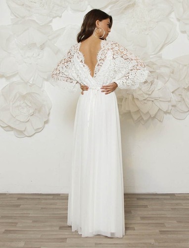 Wedding Dresses V Neck Sheath Applique Lace Backless Train Ruche Long Sleeves - Picture 5 of 16