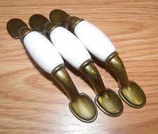 (3) 5" Inch White Ceramic & Bronze/ Brass Cabinet Door or Drawer Pull Handle 