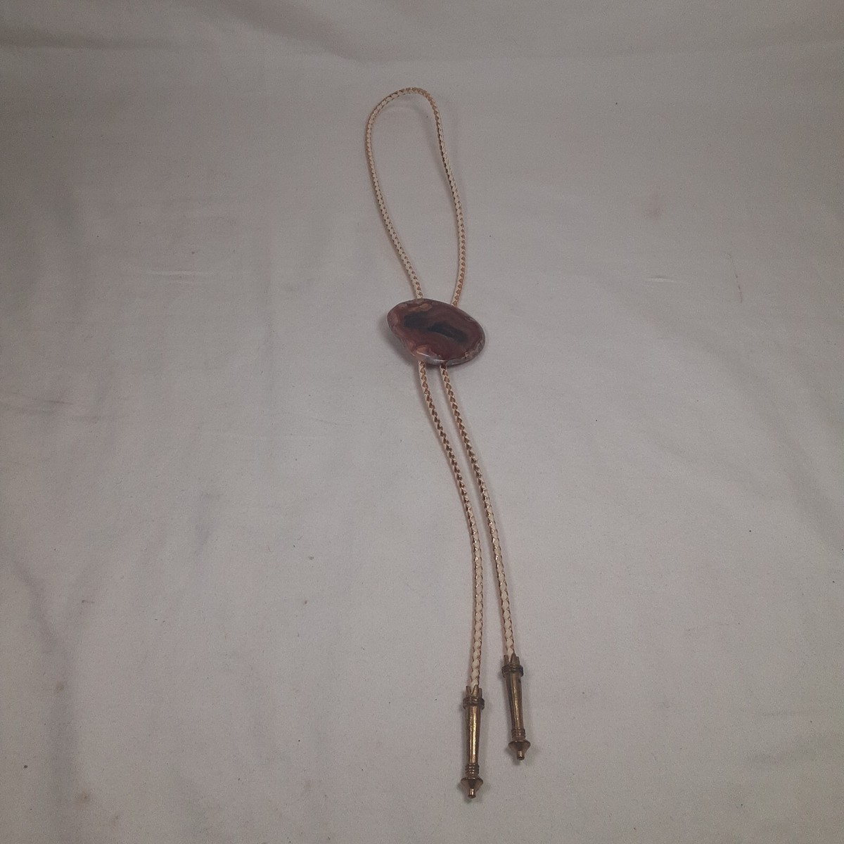 Vintage Bolo Tie 2" Agate Suede Cordage Brase Tips Western Rockabilly Cowboy