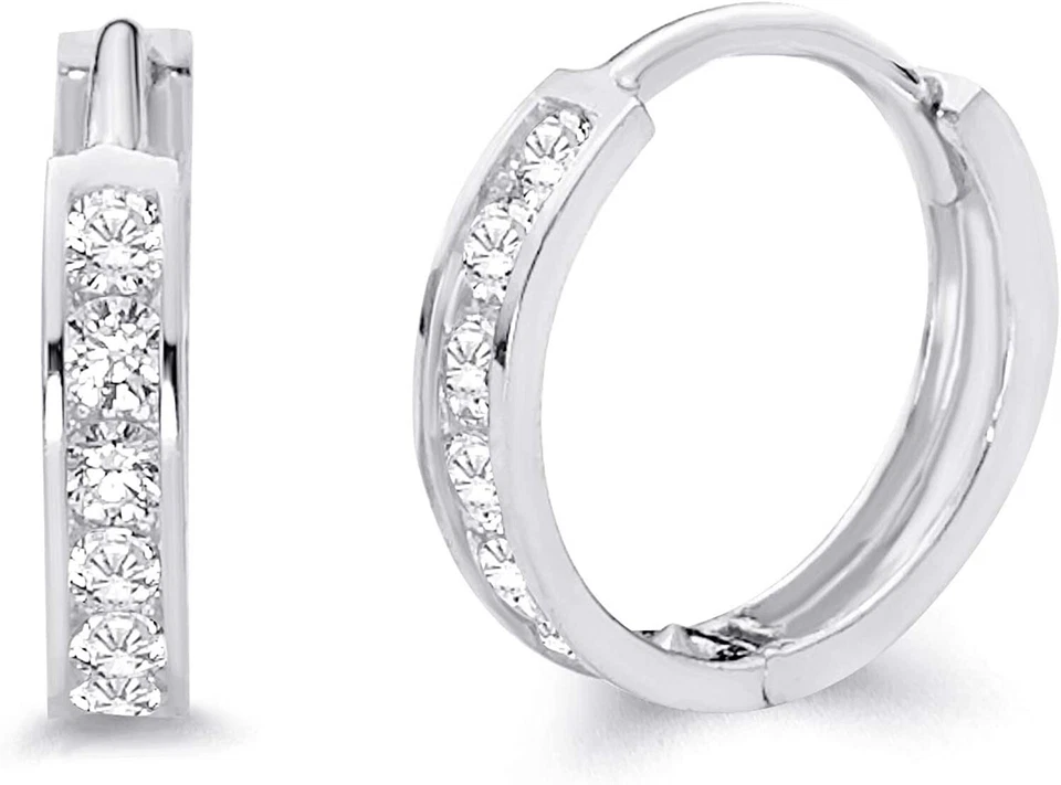 12mm Small Single Row Round Cut CZ Huggie Hoop Earrings Real 14K White Gold - Image 2 of 3