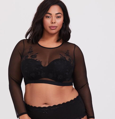 Torrid Black Mesh Embroidered Long Sleeve Under-It-All Crop Top size 00 10 Med