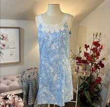 LOFT Summer Coastal Blue Floral Shift Dress w/White Trim Accents Size 8