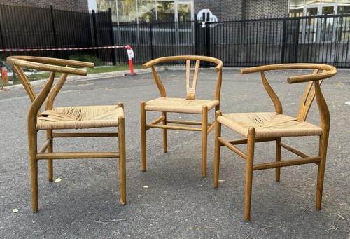 Set of 3 Wishbone Style Wooden Dining Chairs – Natural Wood & Woven Seat