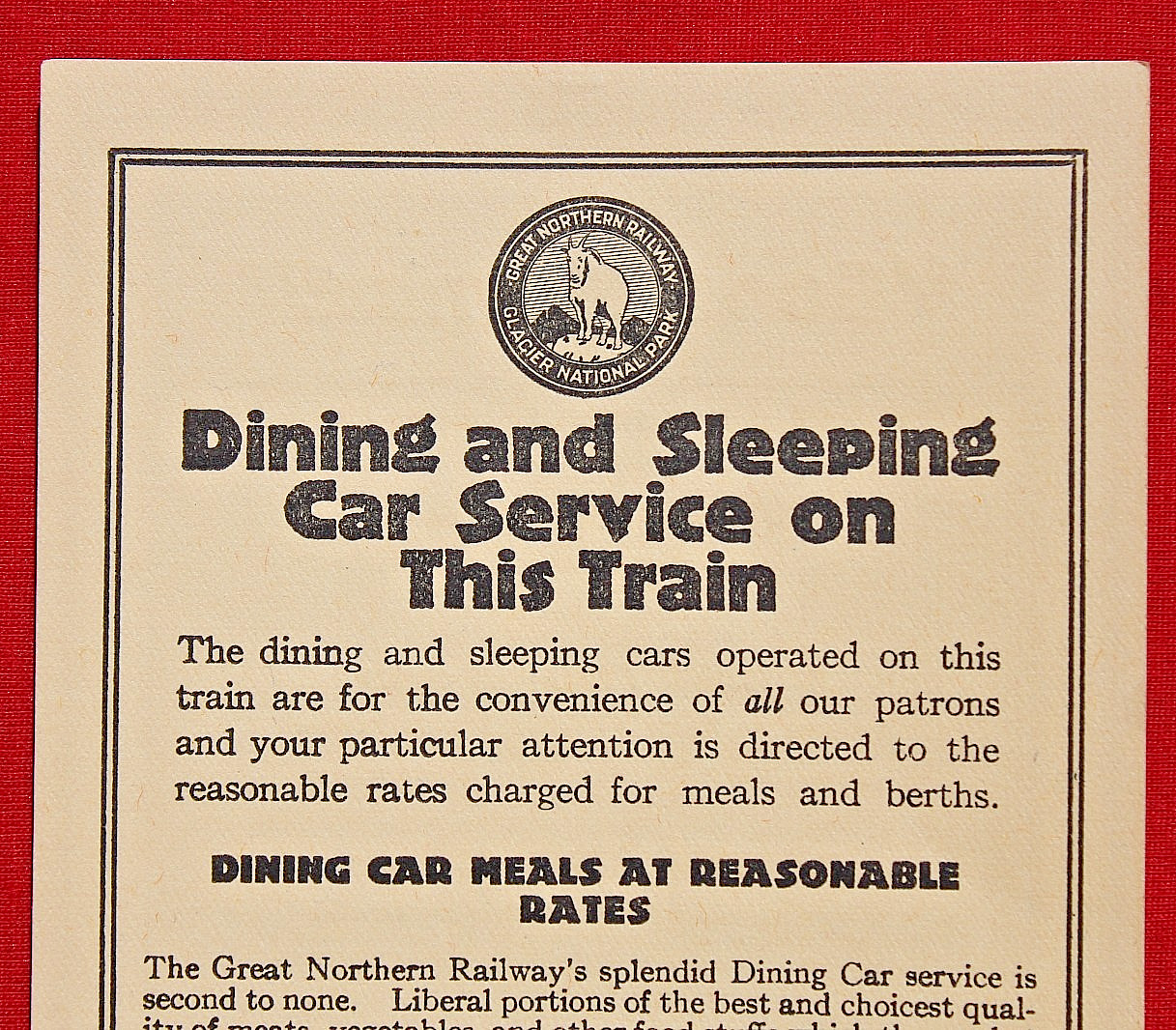 Great Northern Railroad Breakfast Menu Dining & Sleeping Car Railway Advertising