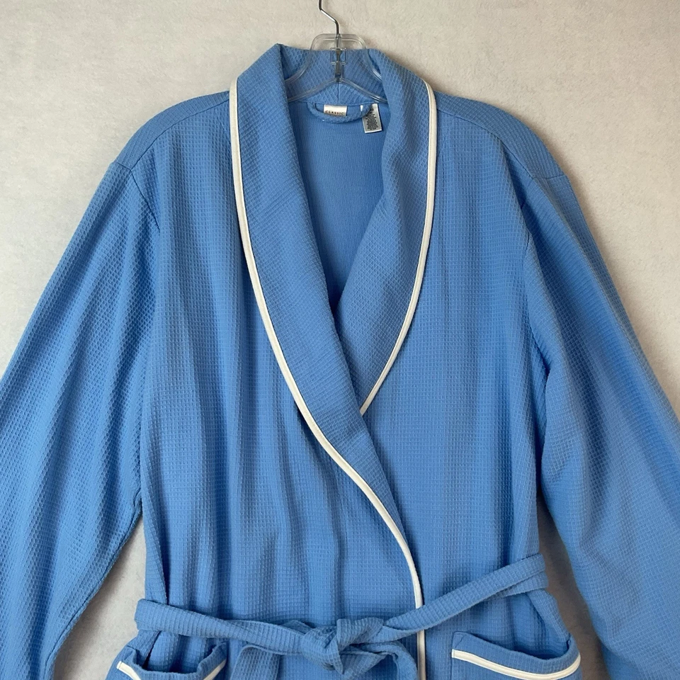 Classic Elements Bath Robe Womens XL Blue Waffle Long Sleeve Belt Knee Length - Image 2 of 4