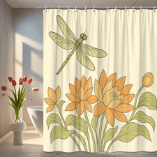 Floral Shower Curtain with Dragonfly Design, Vintage Style, Waterproof
