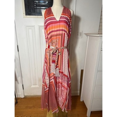 Julio Women mixed Patchwork Paisley Pleated Maxi Dress Pink Orange Size M 330580