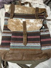 Myra Bag Women's Western Backpack Canvas Leather Cowhide Turquoise
