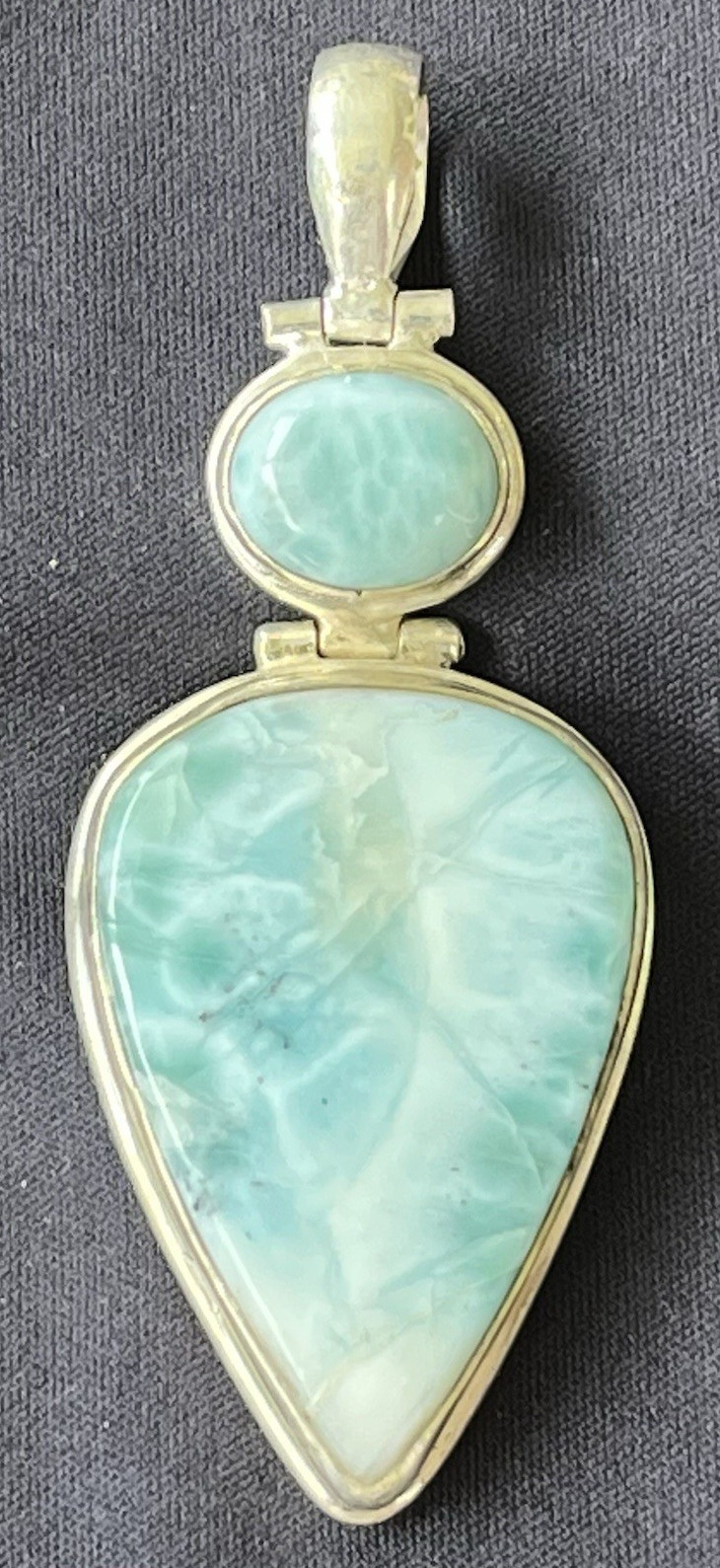 Sterling Silver 925 Larimar Double Stone Teardrop Pendant Bezel Set Signed