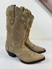 Sonora Double H Pink Embroidered Tan Leather Snip Toe Western Cowboy Boots 7 M